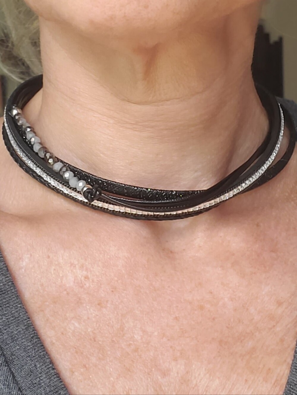 Gorgeous Leather Choker Necklace Rhinestones Braided & Beaded